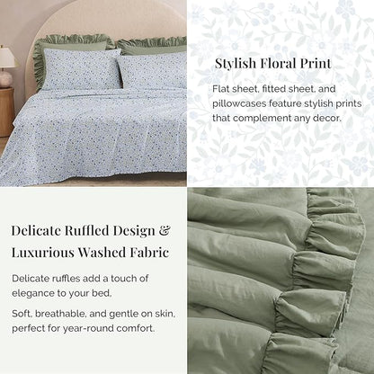 Oversized Queen Comforter Set - 7 Pieces Ruffle Sage Leaf Bedding Sets, Shabby Chic Farmhouse Bed in a Bag with Ruffle Comforter, Floral Sheets, Pillowcases & Shams