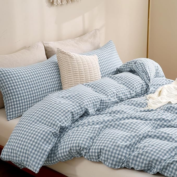 TOCOMOA Blue Gingham Duvet Cover Bedding Set 100% Washed Cotton Like Linen Feel Super Soft Comfortable 3 Piece Vintage Plaid Checkered Comforter Cover Set (Queen 90"x90", Comforter Not Included)