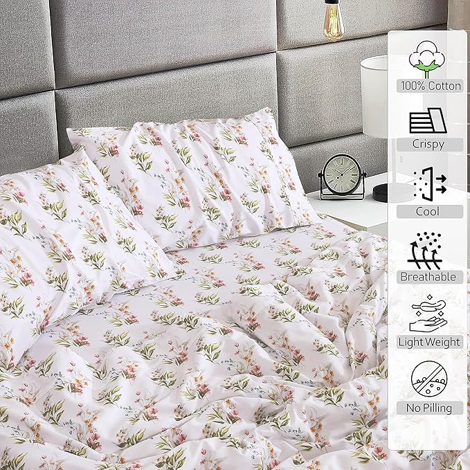 RUVANTI 100% Cotton Sheets – Twin XL Size Percale Bedding, Cooling & Breathable Floral Design, Durable with a Crisp, Soft & Comfortable Feel, 16" Deep Pocket, 3-Piece Set, Floral Bliss