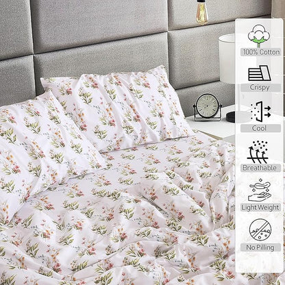 RUVANTI 100% Cotton Sheets – Queen Size Percale Bedding, Cooling & Breathable Floral Design, Durable with a Crisp, Soft & Comfortable Feel, 16" Deep Pocket, 4-Piece Set, Floral Bliss