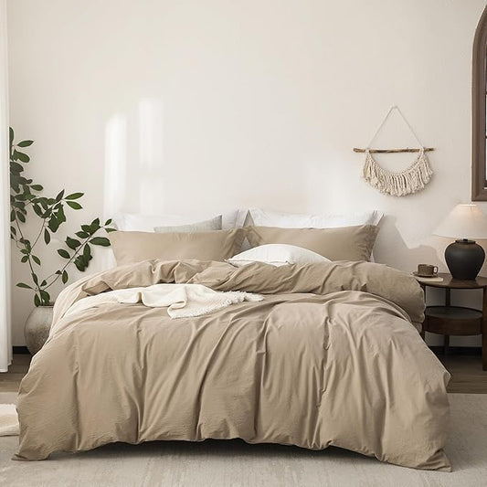 Linen Feel Duvet Cover King Size 104inch x 90inch,100% Washed Cotton Duvet Cover with Zipper Closure and 2 Pillowcases, Color of Mocha Brown