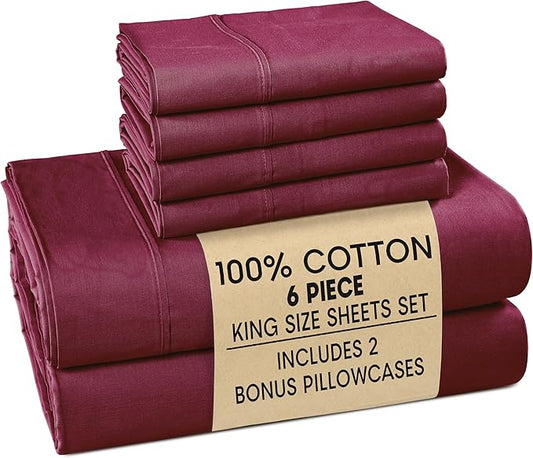 Casa Platino King Size Sheet Set – 6 Piece Cooling Sheets King Size 100% Cotton Crisp Percale Sheets with Breathable & Cozy Feel, 15" Deep Pocket Fitted Sheet for Secure Fit – Windsor Wine