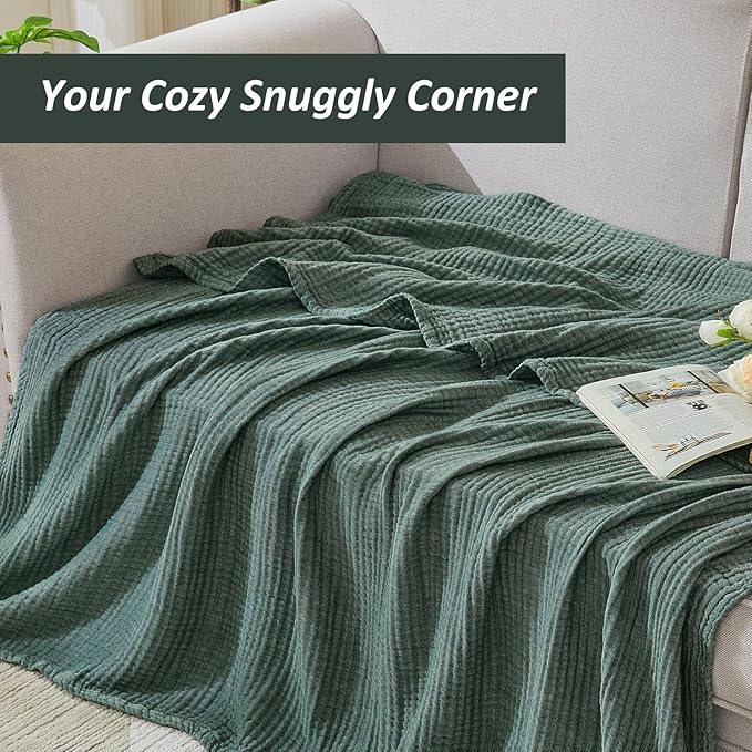 EMME Cotton Muslin King Blanket Breathable Gauze Soft Lightweight Blankets Adults Gifts for Women (Heather Forest Green, 108"x90")