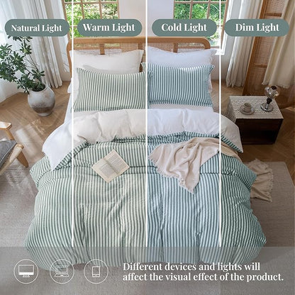 MILDLY Green Striped Duvet Cover - 100% Washed Cotton Jacquard Textured Comforter Cover with Dual Zipper Closure & 8 Coner Ties