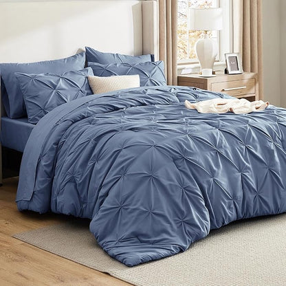 Bedsure Twin Comforter Set Slate Blue - Bed in a Bag Twin Size Bedding 5 Pieces, GentleSoft™ Pintuck Bed Set Gift for Family, Pinch Pleat Slate Blue Comforter with Sheets, Pillowcase & Sham