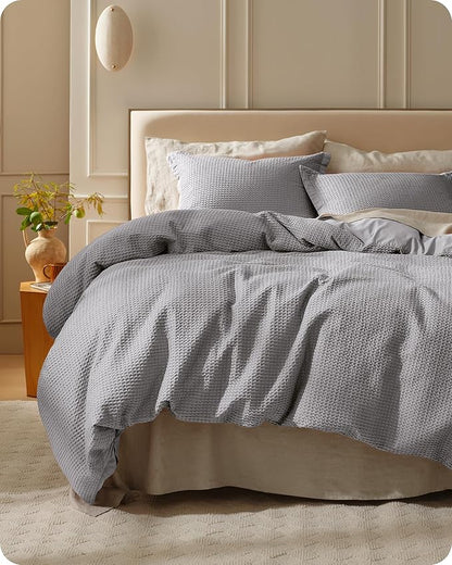 Bedsure Cotton Duvet Cover Set - 100% Cotton Waffle Weave Grey Duvet Cover Oversized King Size, GentleSoft™ and Breathable Bedding Set for All Season, 3 Pieces, 120"x98"