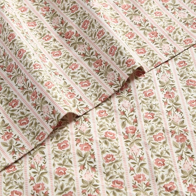 Laura Ashley - Full Sheets, Cotton Percale Bedding Set, Lightweight & Breathable Home Decor, Oeko-Tex Certified (Marta Stripe Pink, Full)
