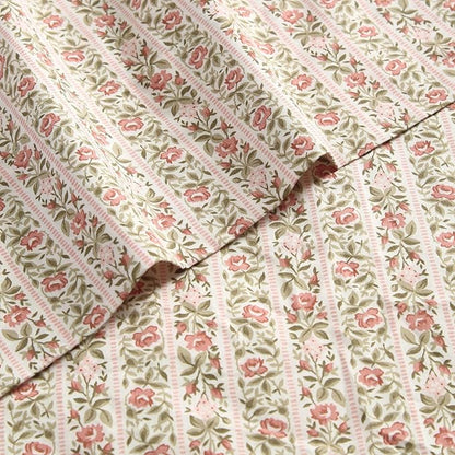 Laura Ashley - Full Sheets, Cotton Percale Bedding Set, Lightweight & Breathable Home Decor, Oeko-Tex Certified (Marta Stripe Pink, Full)