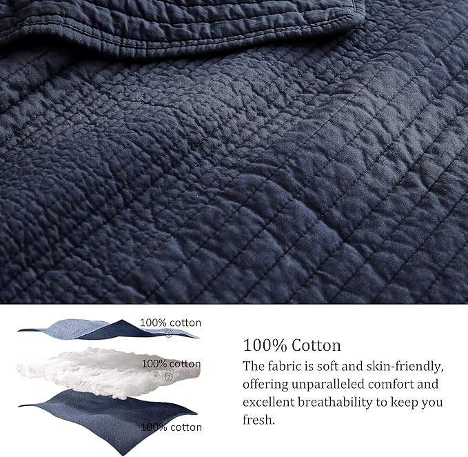 PALASSIO Striped Navy Blue 100% Cotton Quilt California Cal King Size Bedding Sets, Oversized Lightweight Channel Pick Stitch Textured Bedspread Soft Farmhouse Country Coverlet for All Season, 2 Shams