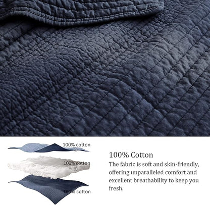 PALASSIO Striped Navy Blue 100% Cotton Quilt California Cal King Size Bedding Sets, Oversized Lightweight Channel Pick Stitch Textured Bedspread Soft Farmhouse Country Coverlet for All Season, 2 Shams