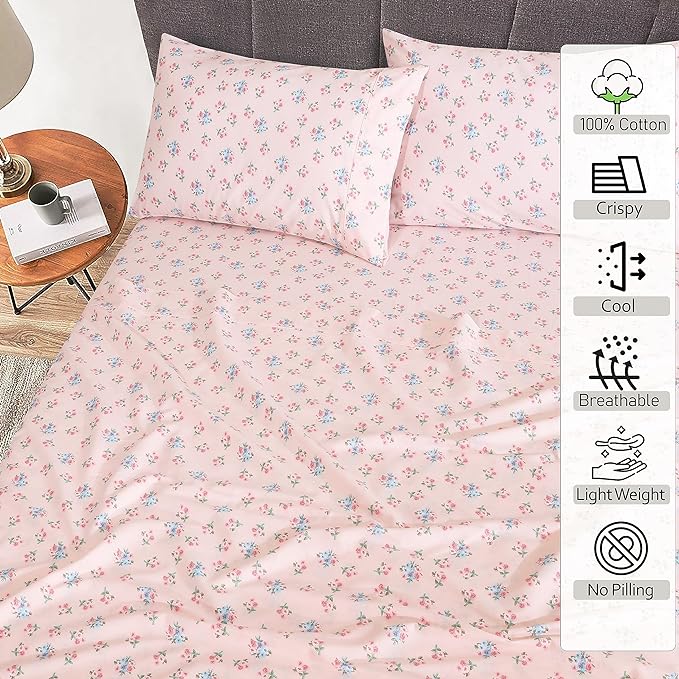 RUVANTI 100% Cotton Sheets – Queen Size Percale Bedding, Cooling & Breathable Floral Design, Durable with a Crisp, Soft & Comfortable Feel, 16" Deep Pocket, 4-Piece Set, Spring On