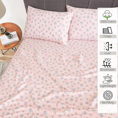 RUVANTI 100% Cotton Sheets – Queen Size Percale Bedding, Cooling & Breathable Floral Design, Durable with a Crisp, Soft & Comfortable Feel, 16" Deep Pocket, 4-Piece Set, Spring On