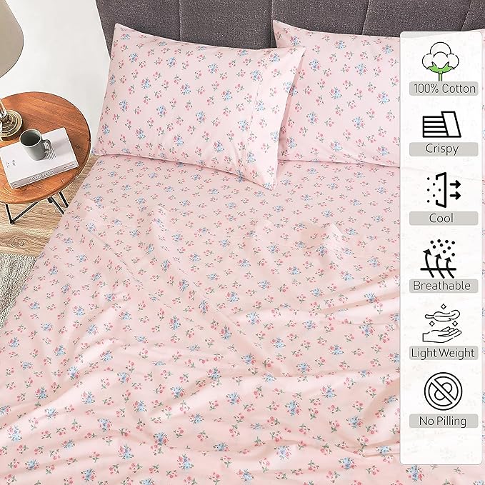 RUVANTI 100% Cotton Sheets – King Size Percale Bedding, Cooling & Breathable Floral Design, Durable with a Crisp, Soft & Comfortable Feel, 16" Deep Pocket, 4-Piece Set, Spring On