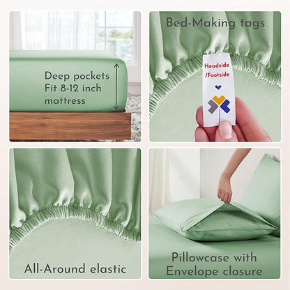 California Design Den Twin XL Bed Sheets Set - Natural 100% Cotton Sheet Set, Soft Sateen, Fully Elasticized 12" Pockets, Breathable and Durable Bedding for Dorm Room - Frosty Green