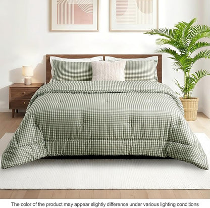 Full Comforter Set, Modern Plaid Checkered Bedding, Green Gingham Brown Grid Bed Comforter, Soft Fluffy Breathable Farmhouse Dorm Bedding, All Seasons 3 Piece Set | gingham