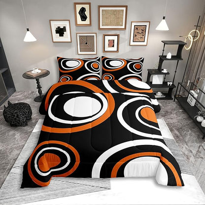Erosebridal Orange Black Abstract Toddler Comforter Modern Striped Circles Bedding Set Boho Geometric Art Aesthetic Duvet Insert Minimalist Black White Abstract Bed Sets
