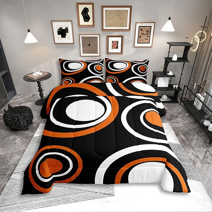 Erosebridal Orange Black Abstract Queen Comforter Set for Adult Women Men Modern Striped Circles Bedding Set Boho Geometric Art Aesthetic Bed Set Minimalist Black White Abstract Quilt Set
