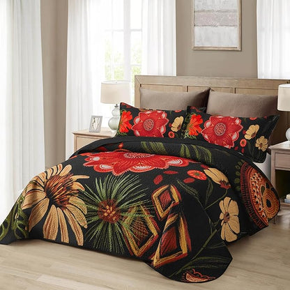 3 Piece Black Red Boho Floral Quilt Sets King Size Farmhouse Reversible Lightweight Bedspread Coverlet with 2 Shams Vintage Mid Century Microfiber Bedding Quilts Set for All Season, 106''x96''