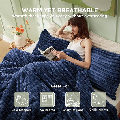Bedsure Comforter Set Queen Size - GentleSoft™ 3 Pieces Double-Side Fleece Fluffy Navy Blue Comforter Set, Cozy Striped Room Decor Aesthetic, Luxury Bedding Queen Size, 2 Pillowcases, 90x90 Inches