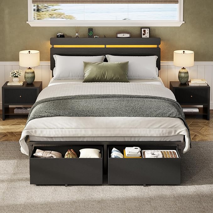 Forestell Full Size Bed Frame with Wood Headboard,2 Storage Drawers & Shelf | Built-in Charging Station & LED Lights, Metal Support, No Box Spring Needed, noise-free, easy assembly, Smart RGB, USB+Type-C