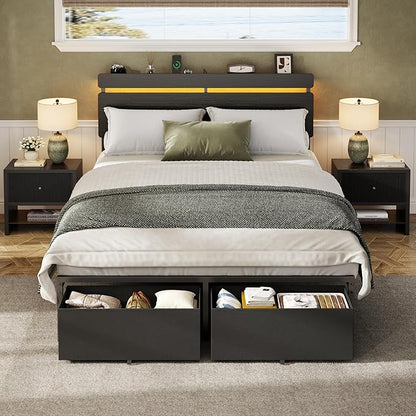 Forestell Full Size Bed Frame with Wood Headboard,2 Storage Drawers & Shelf | Built-in Charging Station & LED Lights, Metal Support, No Box Spring Needed, noise-free, easy assembly, Smart RGB, USB+Type-C