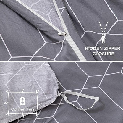 TOCOMOA Plaid Duvet Cover Set 100% Natural Cotton Soft Comfy Breathable 3 Piece Grey and White Pattern Printed Comforter Cover Bedding Set (Queen 90"x90", Comforter Not Included)