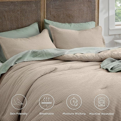 Bedsure Waffle Comforter Set Twin, Khaki Soft Bedding, Waffle Weave Bed Set, 2 Pieces, 1 Comforter (68"x90") and 1 Pillow Sham, Cotton Shell and Polyester Lining for All Seasons