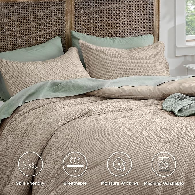 Bedsure Waffle Comforter Set California King, Khaki Soft Bedding, Waffle Weave Bed Set, 3 Pieces, 1 Comforter (104"x96") and 2 Pillow Shams, Cotton Shell and Polyester Lining for All Seasons