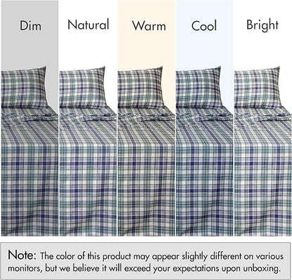 RUVANTI 100% Cotton Sheets – Queen Size Percale Bedding, Cooling & Breathable Floral Design, Durable with a Crisp, Soft & Comfortable Feel, 16" Deep Pocket, 4-Piece Set, Greenish Blue Plaid