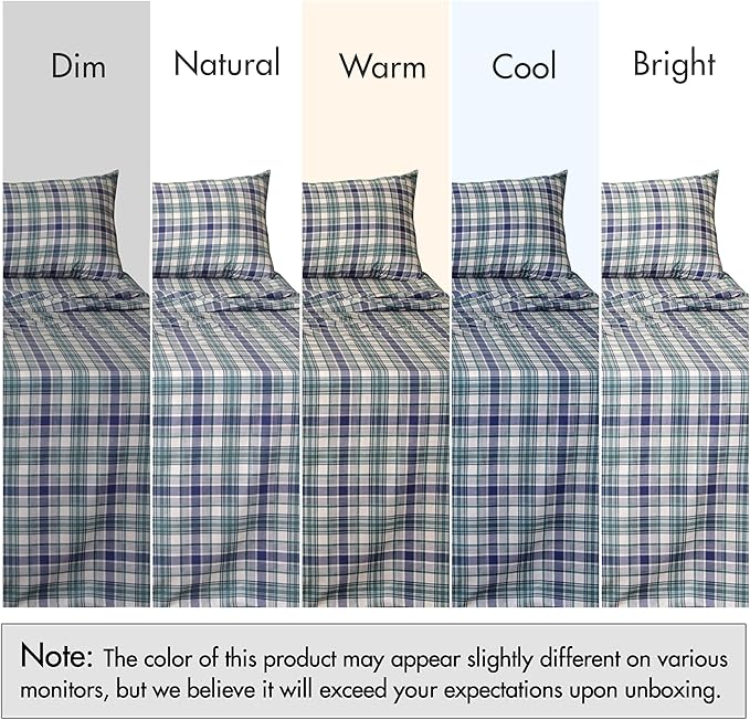 RUVANTI 100% Cotton Sheets – Split King Size Percale Bedding, Cooling & Breathable Floral Design, Durable with a Crisp, Soft & Comfortable Feel, 16" Deep Pocket, 5-Piece Set, Greenish Blue Plaid
