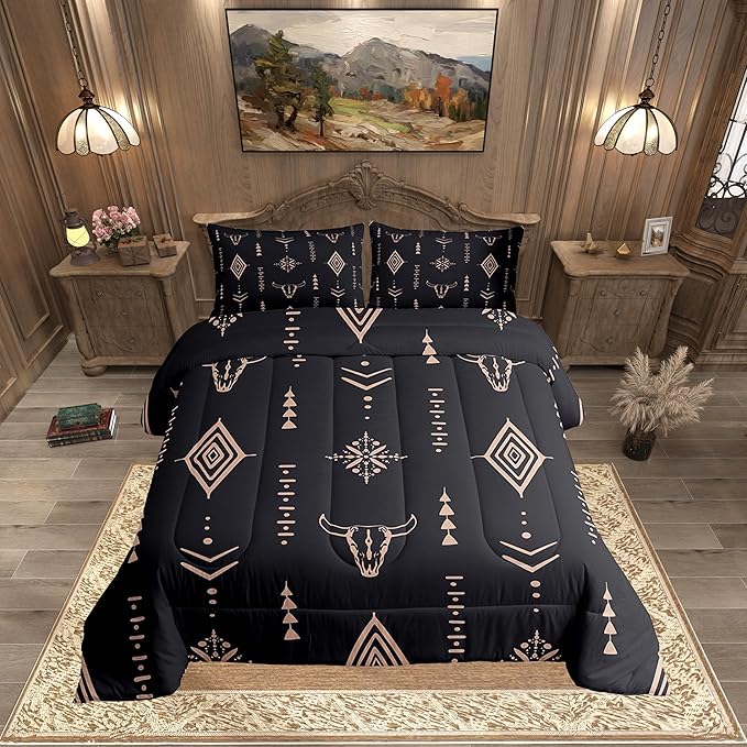 Erosebridal Bull Skull Comforter Set Full Boho Bedding Ethnic Horns Bedding Comforter Sets Black Brown Tribal Symbol Mysterious Aztec Room Decor Abstract Geometric Duvet Insert for Men Boys