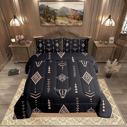 Erosebridal Bull Skull Comforter Set Full Boho Bedding Ethnic Horns Bedding Comforter Sets Black Brown Tribal Symbol Mysterious Aztec Room Decor Abstract Geometric Duvet Insert for Men Boys