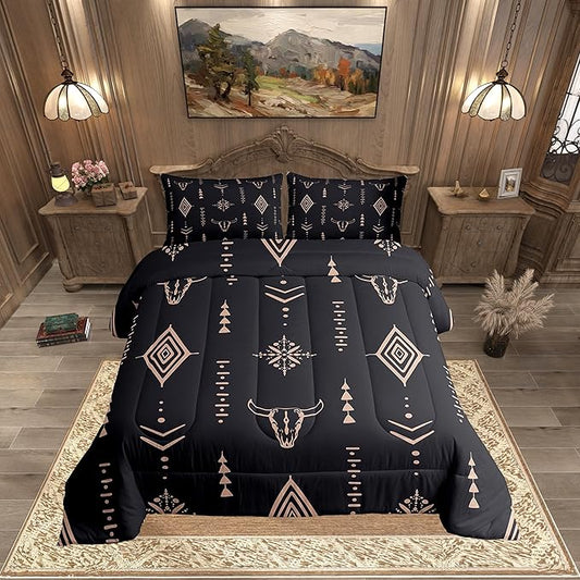 Erosebridal Bull Skull Comforter Set Full Boho Bedding Ethnic Horns Bedding Comforter Sets Black Brown Tribal Symbol Mysterious Aztec Room Decor Abstract Geometric Duvet Insert for Men Boys