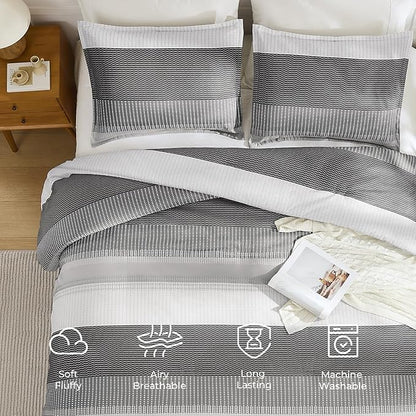 Litanika Dark Grey Bed Comforter Set Twin Size, 2 Pieces Lightweight Striped Bedding Comforter Set, Soft All Season Down Alternative Comforter (1 Comforter, 1 Pillowcase)