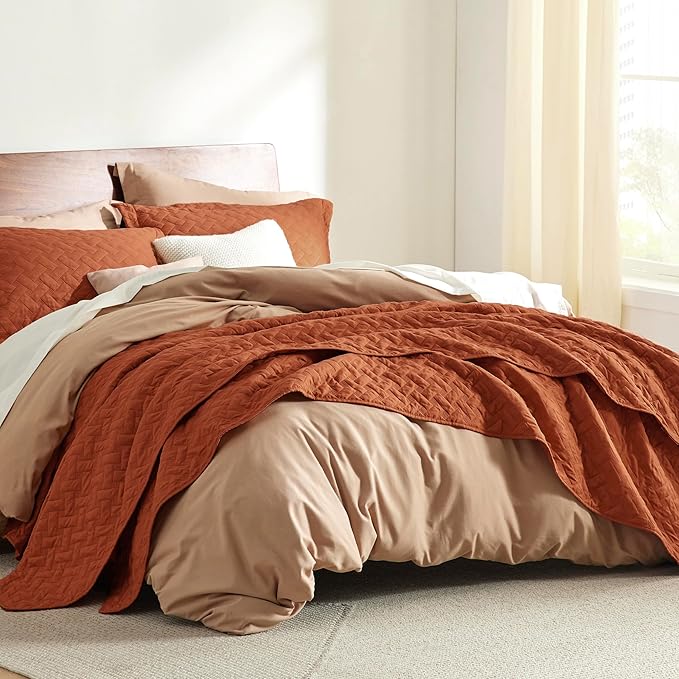 Bedsure Quilts King Size - Lightweight Bedspreads King Size with Basket Weave Pattern, Soft Quilt Bedding Set, Red Orange Comforter Set Coverlet for All Seasons with 2 Pillow Shams (106" x 96") | Skin-Friendly Soft, All-Season Comfort, Breathable, Ligh...