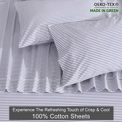 ZOYER 100% Cotton Sheets – Queen Size Percale Bedding, Cooling & Breathable, Durable with a Crisp, Soft & Comfortable Feel, 16" Deep Pocket, 4-Piece Set, Grey Stripe