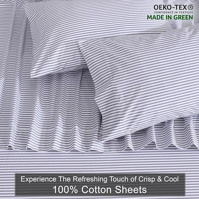 ZOYER 100% Cotton Sheets – Twin XL Size Percale Bedding, Cooling & Breathable, Durable with a Crisp, Soft & Comfortable Feel, 16" Deep Pocket, 3-Piece Set, Grey Stripe
