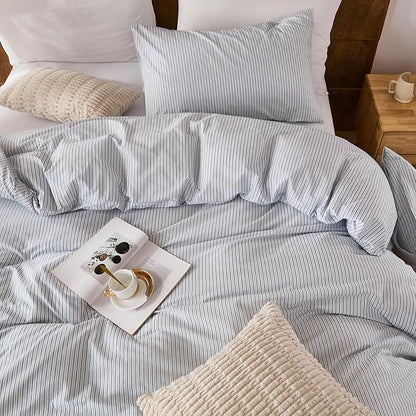 Merryword Striped Duvet Cover Set King Size - 100% Cotton Duvet Cover Set with Zipper Closure & 8 Corner Ties, Blue Pinstripe Bedding Set 3 Pieces, Soft Linen Like Bedding Set for All Seasons