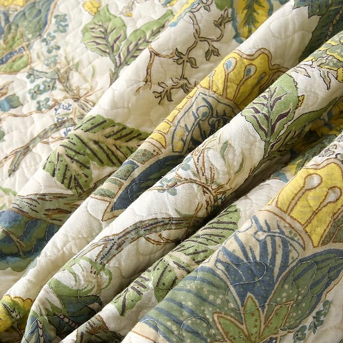 DURLENGEN Forest 100% Cotton Queen Quilt 3Pcs,Bohemian Reversible Leaves & Flowers Pattern on White, Luxury Lightweight Coverlet Sets for All Season(Queen 90x96,Forest)