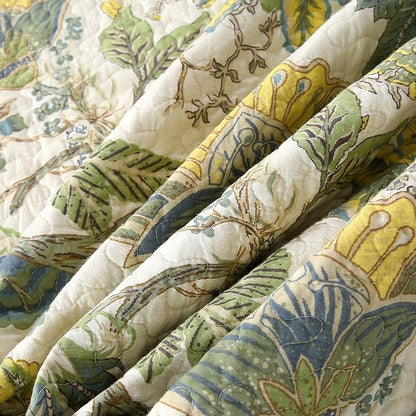 DURLENGEN Forest 100% Cotton King Quilt 3Pcs,Bohemian Reversible Leaves & Flowers Pattern on White, Luxury Lightweight Coverlet Sets for All Season(King 106x96,Forest)