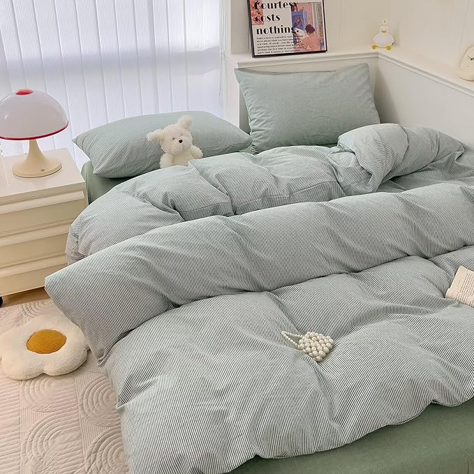 MKXI Ultra-Fine Stripe Duvet Cover Set Twin XL, 100% Washed Cotton Green & White Textured Bedding, 3 Piece Breathable Comfy Farmhouse Style Duvet Cover with Pillow Shams