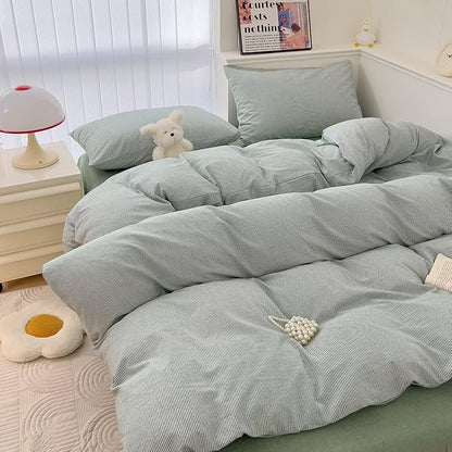 MKXI Ultra-Fine Stripe Duvet Cover Set Full, 100% Washed Cotton Green & White Textured Bedding, 3 Piece Breathable Comfy Farmhouse Style Duvet Cover with Pillow Shams