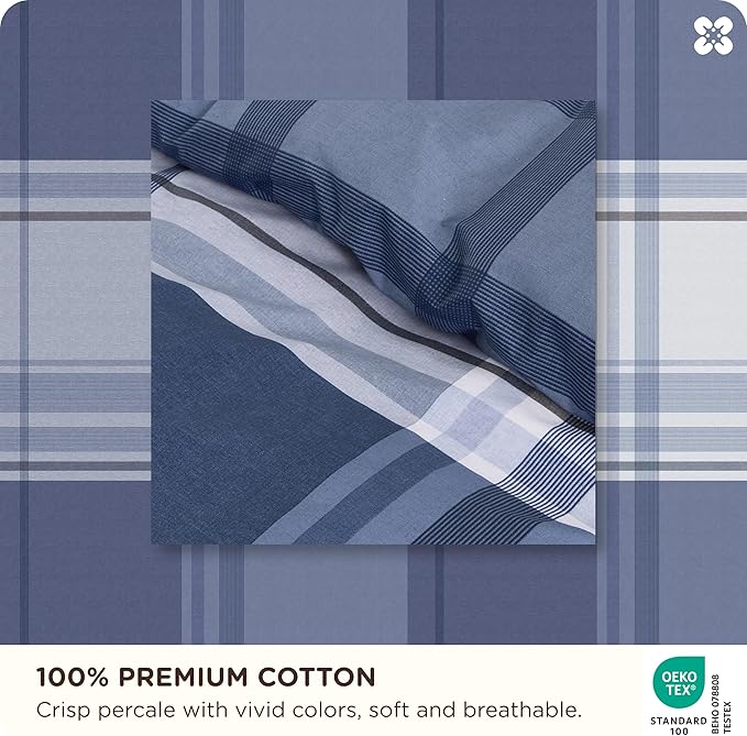 Bedsure Plaid Duvet Cover Queen Size - 100% Cotton Reversible Classic Navy Checkered Pattern Duvet Cover Set, 3 Pieces Soft & Breathable PureWoven Bedding Set with 2 Pillow Shams (Navy Plaid 90"x90")