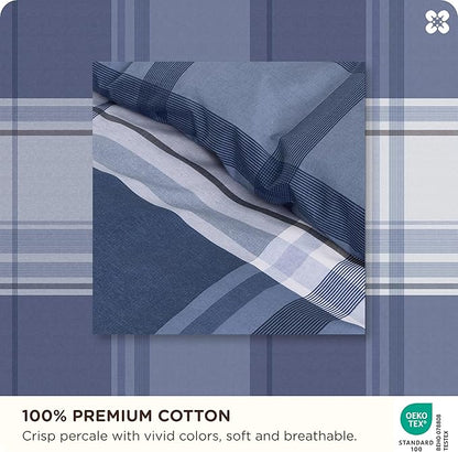 Bedsure Plaid Duvet Cover Queen Size - 100% Cotton Reversible Classic Navy Checkered Pattern Duvet Cover Set, 3 Pieces Soft & Breathable PureWoven Bedding Set with 2 Pillow Shams (Navy Plaid 90"x90")