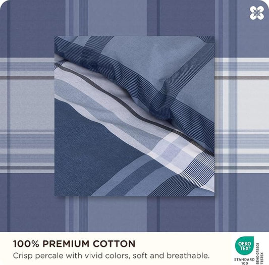 Bedsure Plaid Duvet Cover Queen Size - 100% Cotton Reversible Classic Navy Checkered Pattern Duvet Cover Set, 3 Pieces Soft & Breathable PureWoven Bedding Set with 2 Pillow Shams (Navy Plaid 90"x90")