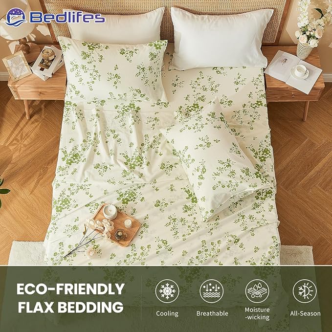 Bedlifes 100% French Linen Sheets King Size – Floral Printed, Botanical Pattern Breathable Cooling Sheet Set, 16" Deep Pocket, 4-Piece (King, Floral Green)