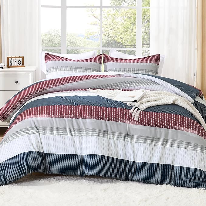 Litanika Comforter Set Twin/Twin XL Red Blue - 2 Pieces Lightweight Colorblock Stripe Fluffy Bedding Comforter Sets, All Season Bed Set