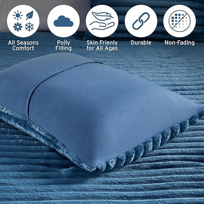 Intelligent Design King Comforter Set, Cozy Plush Bedding, Microfiber Reverse, 3 Piece, Lightweight, Super Soft Ribbed Velvet Comforter 2 Shams, All Season Fluffy Bed Set, Avril, King/Cal King Blue