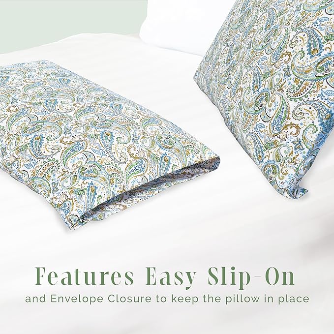 Elegant Comfort Ultra Soft Set of 2 Floral Print Pillowcases - 1500 Premium Hotel Quality Microfiber, Soft and Smooth Envelope Closure 2-Piece Pillow Covers - Standard/Queen, Paisley Teal