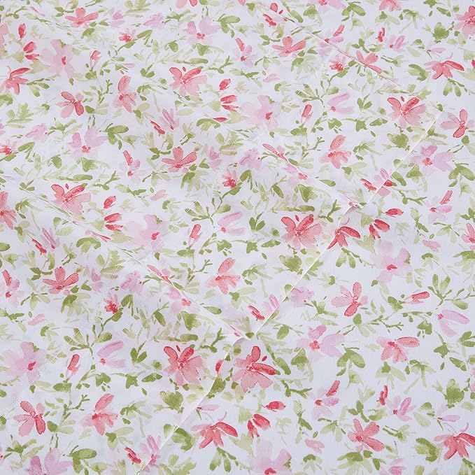 Laura Ashley - King Sheets, Cotton Percale Bedding Set, Lightweight & Breathable Home Decor (Norella Pink, King)